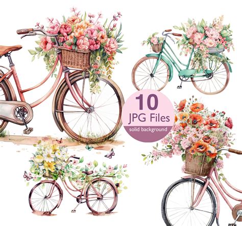 Bike With Flowers Clip Art  Vintage Bike Watercolor Etsy