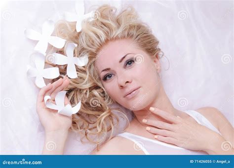 Red Haired Gentle Girl With Daisies In Hair Lying Stock Image Image