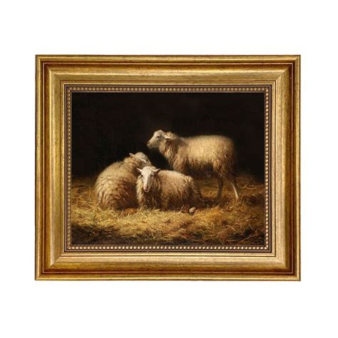 Sheep In The Hay Framed Oil Painting Print On Canvas In Antiqued Gold