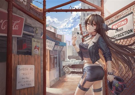 Anthropomorphism Breasts Brown Hair Building Choker Cleavage Garter