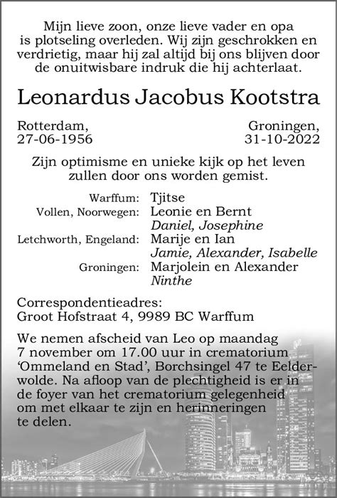 Leonardus Jacobus Kootstra 31 10 2022 Overlijdensbericht En