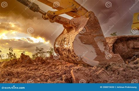 Dirt Metal Bucket Of Backhoe After Digging Soil Backhoe Parked At