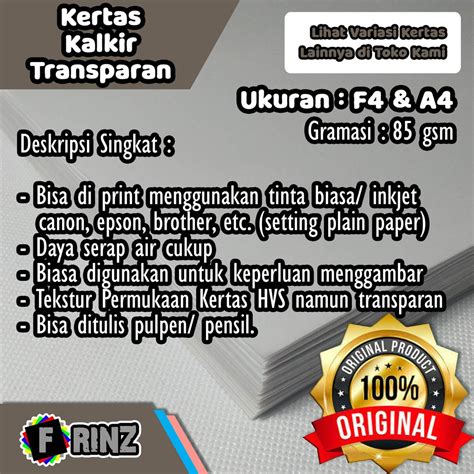 Jual Kertas Kalkir F4 A4 85 Gram Tracing Paper Kertas Transparan