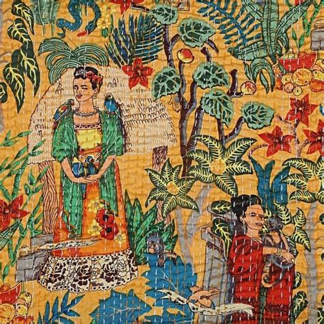 Indian Kantha FRIDA KAHLO Boho Handmade Kantha Quilt Throw King Blanket