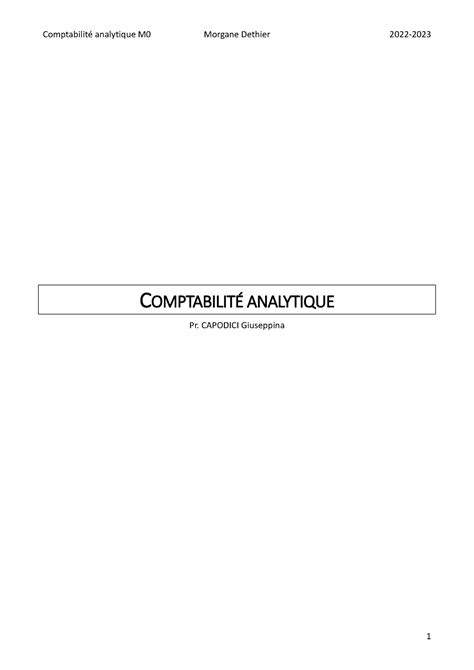 Comptabilit Analytique Synth Se Morgane Dethier Comptabilit