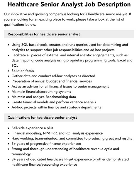 Healthcare Senior Analyst Job Description Velvet Jobs