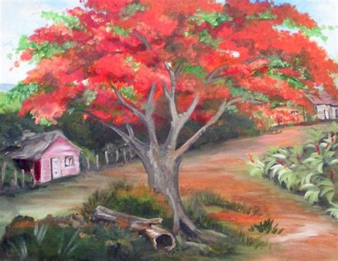 Pintura de un flamboyán rojo en Puerto Rico. | Lindas paisagens ...