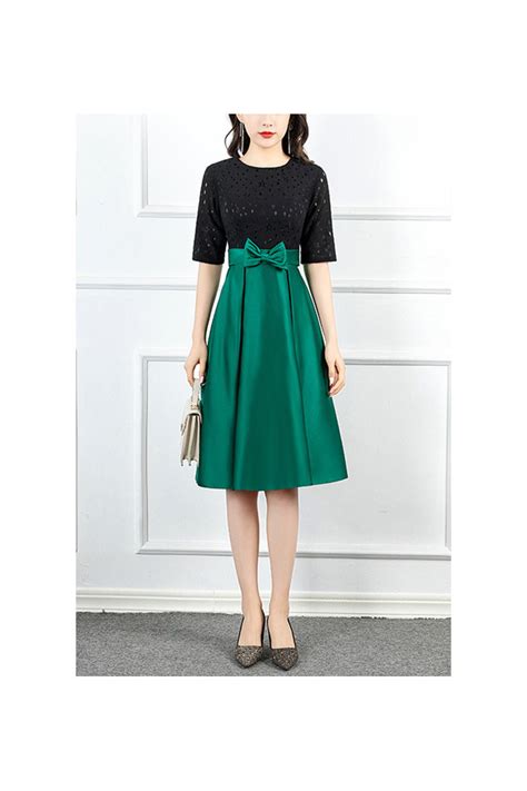 Green With Black Knee Length Party Dress With Sleeves 60 48 S1650