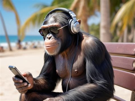 Premium Photo Chimpanzee Wearing Headphones Holding A Cell Phone And