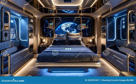 Futuristic Bedroom Inside Spaceship with Big Windows Stock Illustration ...