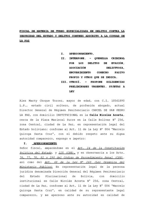 Querella Criminal por Evasión y Delitos en el Penal de San Pedro