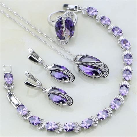 4pcs Purple Cubic Zirconia White Cz 925 Sterling Silver Jewelry Sets