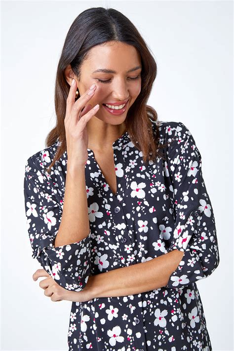 Black Floral Print Button Through Blouse Roman Uk