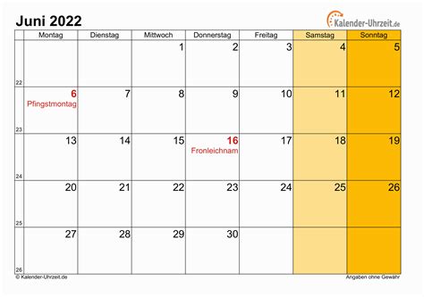 Juni 2022 Kalender Mit Feiertagen