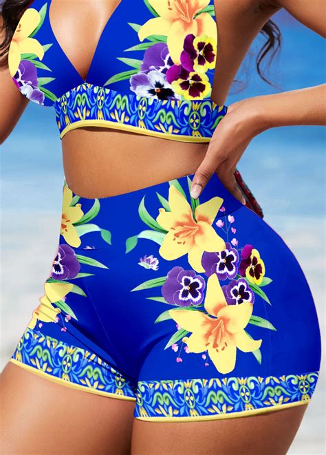 Floral Print Tie Royal Blue Bikini Top Rosewe USD 15 28