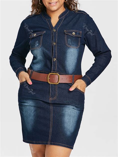 [33 Off] Plus Size Fitted Denim Jean Dress With Belt Rosegal