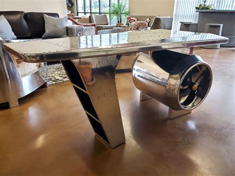 Polished Aircraft Aluminum Airplane Wing Aviator Office Desk With Turbine