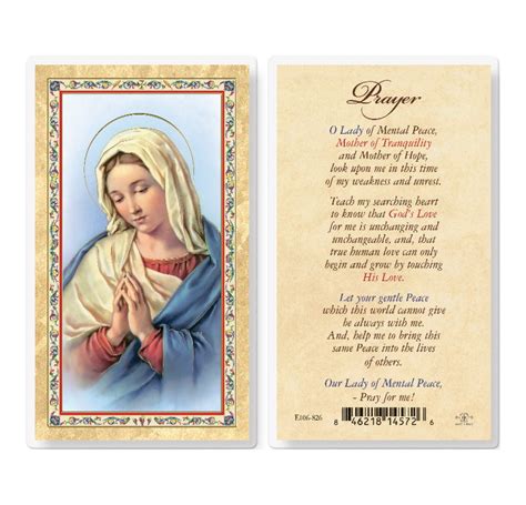 Our Lady Of Mental Peace Bvm Gold Stamped Laminated Catholic Prayer Holy Card With Prayer On