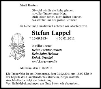 Traueranzeigen Von Stefan Lappel Trauer In NRW De