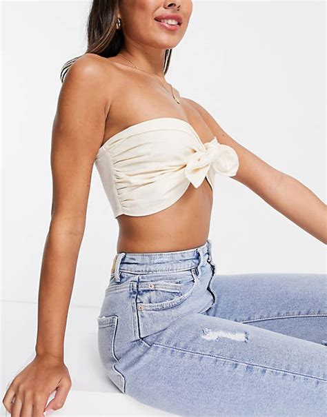 Missguided Co Ord Tie Front Linen Look Bralet In Stone Asos