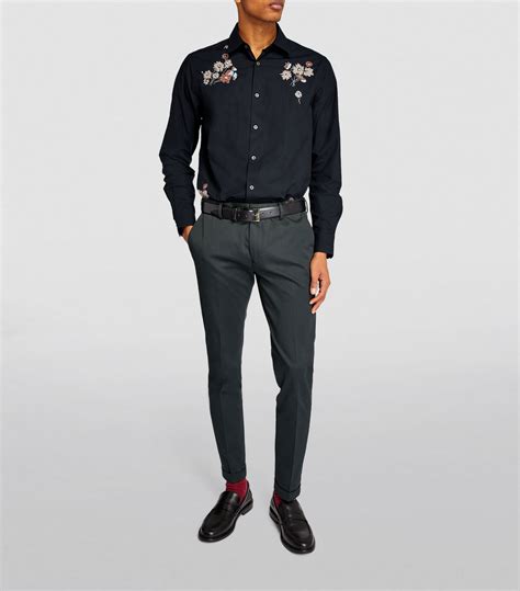 Mens Paul Smith Navy Cotton Floral Embroidery Shirt Harrods UK