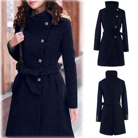 Buy Aika Womens Winter Lapel Wool Coat Trench Jacket Long Sleeve