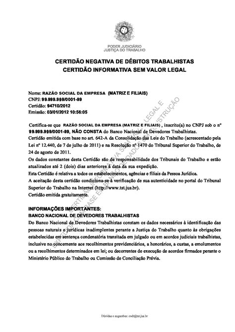 Certidão Negativa de Débitos Trabalhistas Tribunal Superior do Trabalho