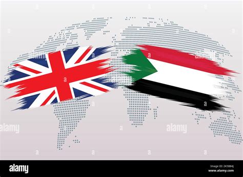 Uk Great Britain And Sudan Flags The United Kingdom And Sudan Flags Isolated On Grey World Map