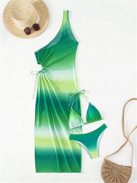 Shein Swim Vcay Ombre Halter Neck Bikini Swimsuit With Cover Up Dress