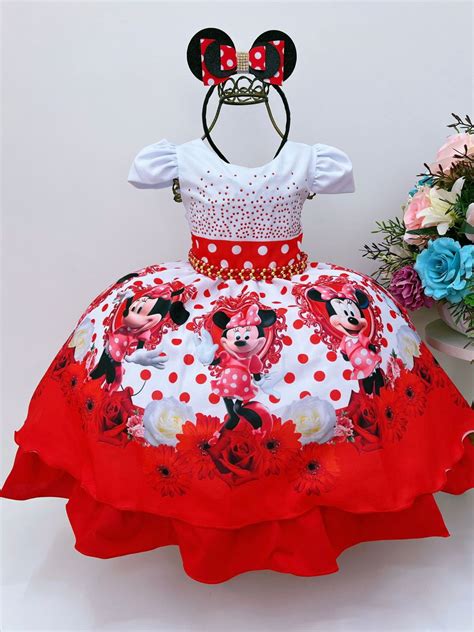 Vestido Infantil Minnie Vermelho Bolinhas Pérolas c Tiara Elo7