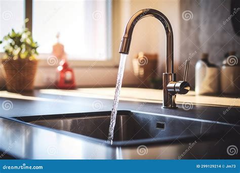 Home Kitchen Sink And Water Flowing From Faucet Sunlit Window In