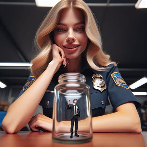 Captivating Blonde Student Policewoman Smirking In Glass Jar Scene AI Art Generator Easy