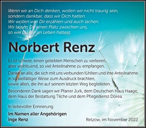 Traueranzeigen Von Norbert Renz M Rkische Onlinezeitung Trauerportal