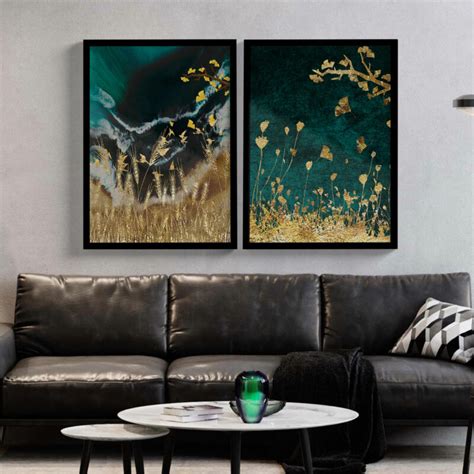 Kit Quadros Decorativos Paisagem Abstrata Verde E Dourado Wallze