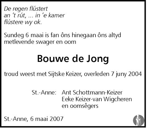 Bouwe De Jong 06 05 2007 Overlijdensbericht En Condoleances Mensenlinq Nl