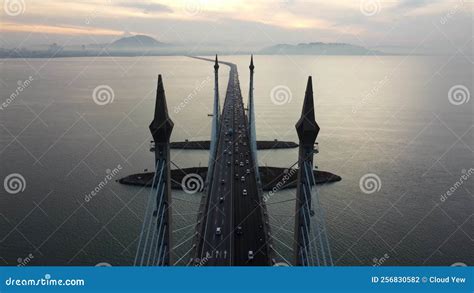 Aerial Ascending And Look Down Bust Car Traffic At Penang Bridge Stock