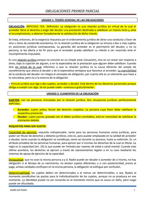 Obligaciones Primer Parcial Unidad Teor A General De Las