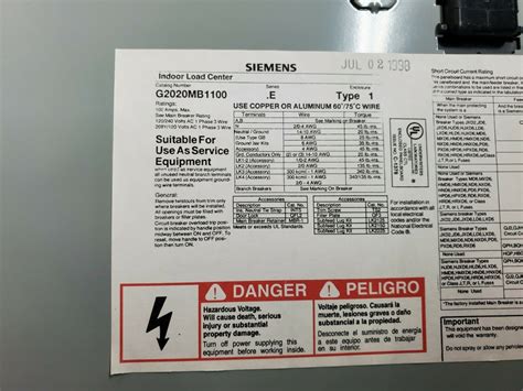 New Siemens 100 Amp Panel Door 20 Space Load Center Model G2020mb1100