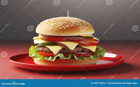 Layered Illusions Photorealistic Hamburgers On A Red Plate Stock