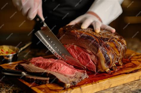 Premium Photo Chef Slicing A Perfectly Cooked Prime Rib On A Carving