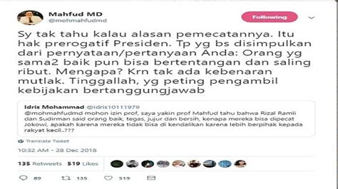 Jawaban Mahfud Md Saat Ditanya Soal Pemecatan Rizal Ramli Dan Sudirman