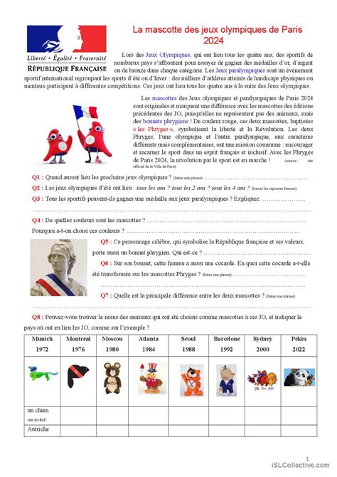 Les Mascottes des JO 2024 de Paris p Français FLE fiches pedagogiques