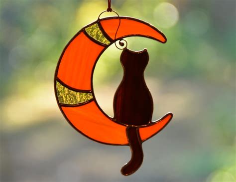 Stained Glass Black Cat On The Moon Window Hanging Suncatcher Etsy