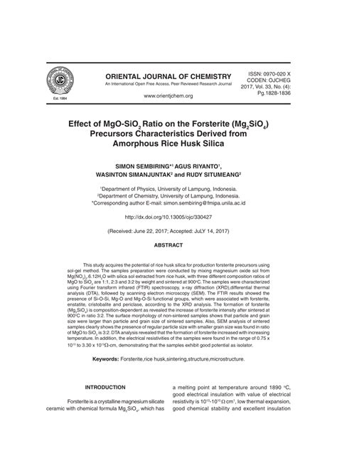 Pdf Oriental Journal Of Chemistry Effect Of Mgo Sio 2 Ratio On The