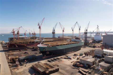 Astillero con vista de barcos en varias etapas de construcción Foto