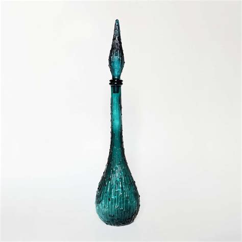 Vintage S Italian Empoli Decanter Or Genie Bottle In Teal Blue