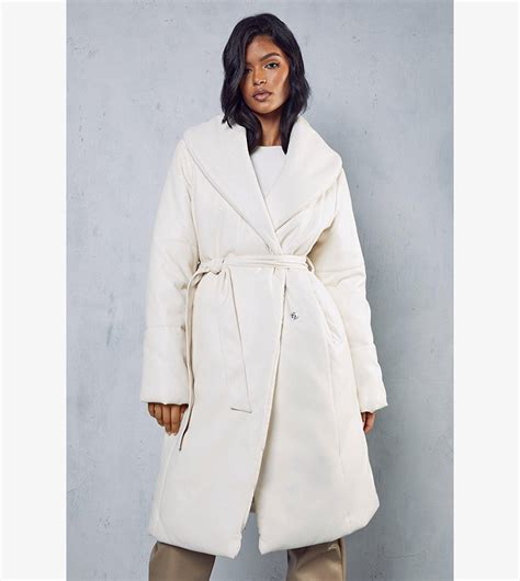 Buy MissPap Leather Look Padded Longline Coat In White 6thStreet