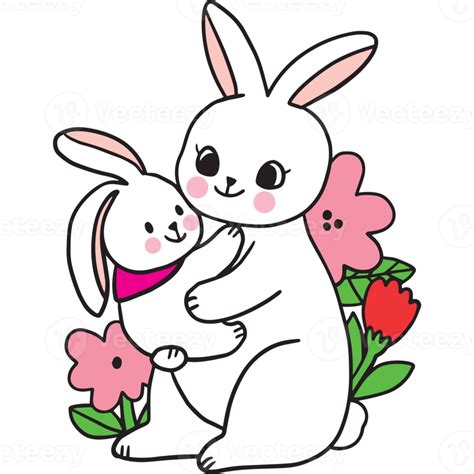 Cartoon Cute Mom And Baby Rabbit And Flower Clipart Png