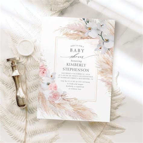 Pampas Grass And White Orchids Exotic Baby Shower Invitation Zazzle