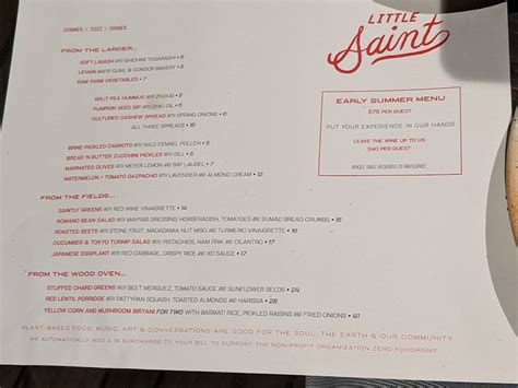 Menu at Little Saint restaurant, Healdsburg